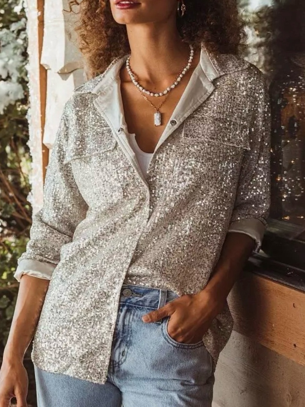 Women's Silver Sequin Button-Down Shirt